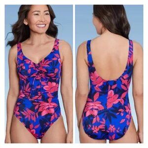 Aqua Green Blue & Pink Floral Ruched One Piece Swimsuit S NWT